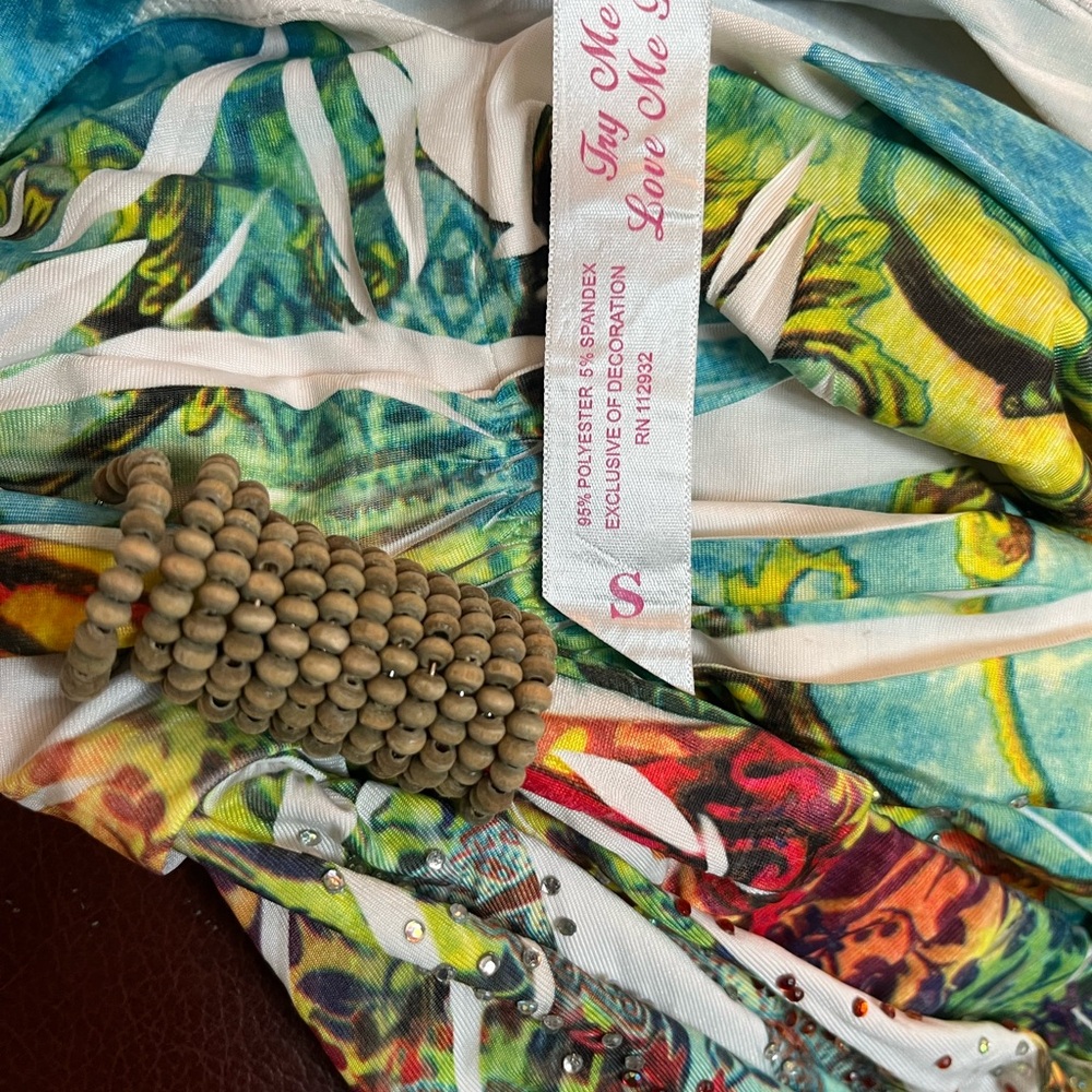 Cristinalove Turquoise and Yellow Halter Beachy Tropical Dress with Rhinestones - Picture 7 of 14